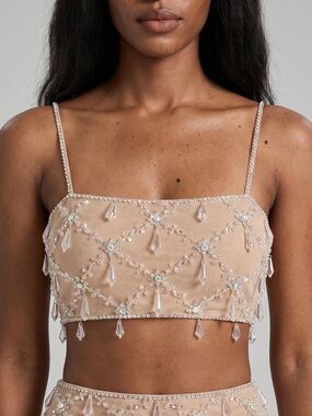 Oceanus Calliope Luxury Crystal Beaded Co-Ord Crop Top Nude XS